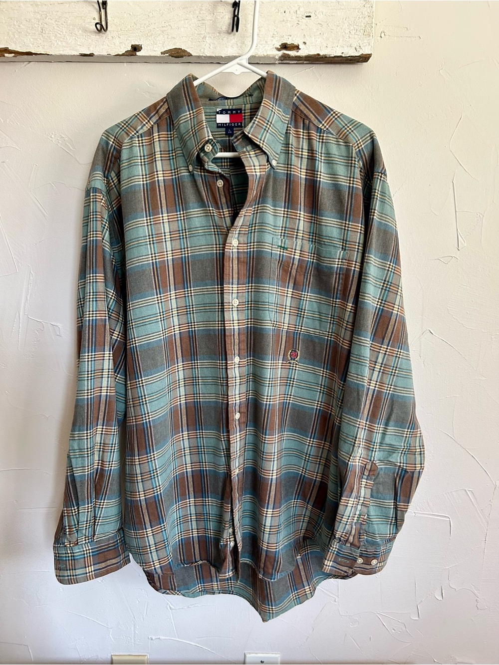 Vintage Tommy Hilfiger Men’s Plaid Button-Down Shirt in Teal and Brown